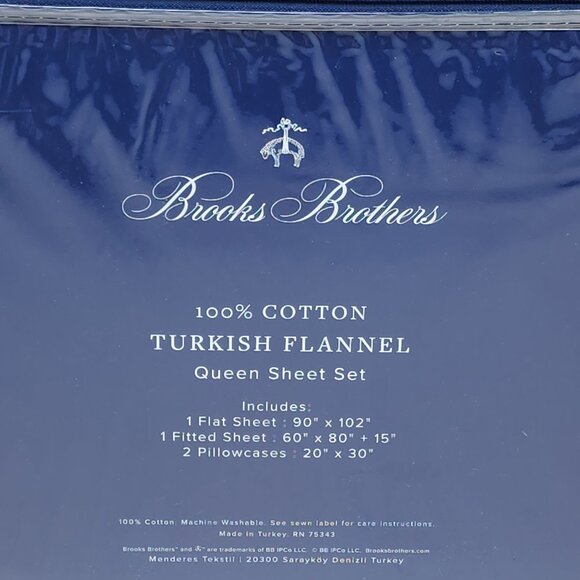 Brooks Brothers Queen Turkish Flannel Sheet Set 100% Cotton Blue White Plaid - Picture 4 of 8
